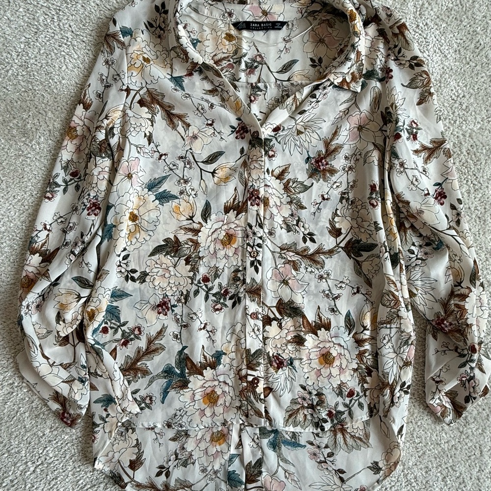 Zara Cream Floral Button-Down Shirt